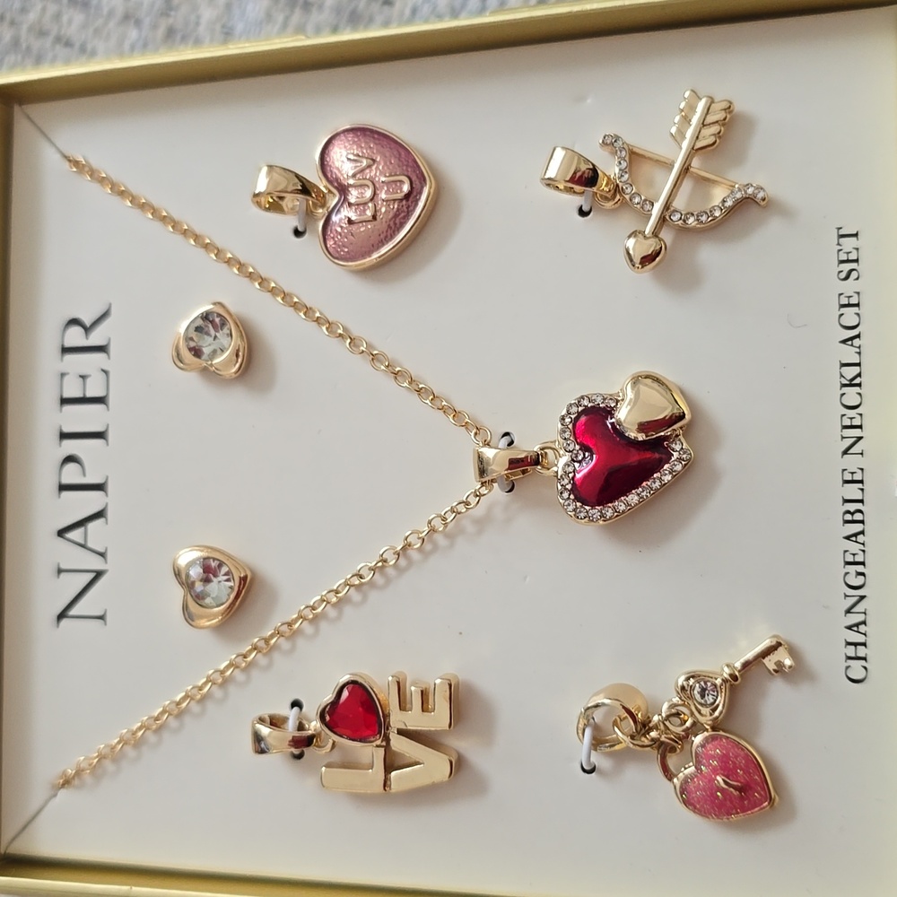NAPIER BRAND WOMEN'S "LOVE" NECKLACE PENDANTS AND PIERCED EARRINGS SET